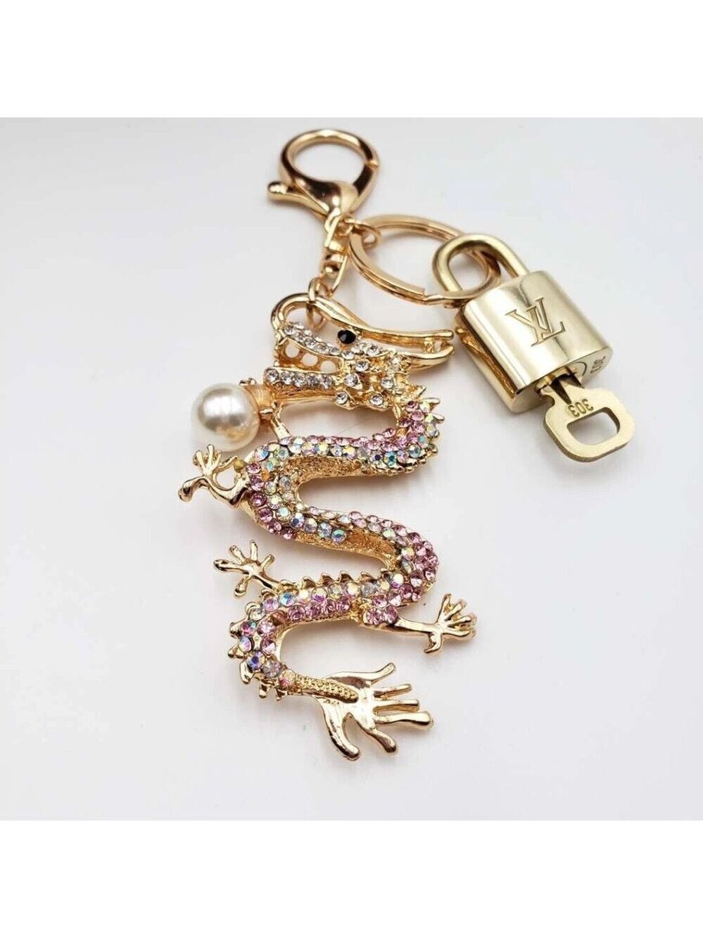 Authentic Louis Vuitton Lock & Key with unbranded Rhinstone Dragon Bagcharm